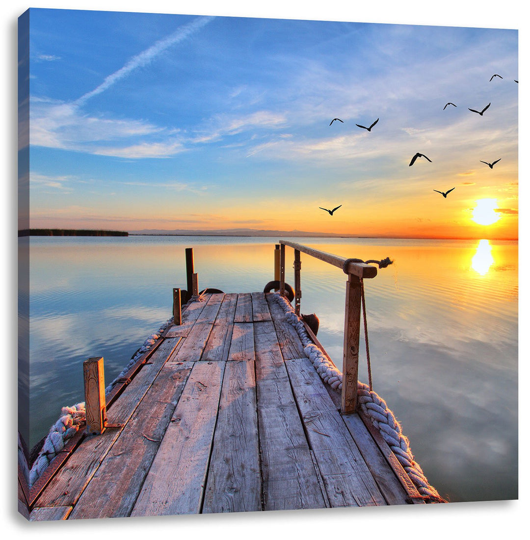 Pixxprint Steg mit Möwen bei Sonnenuntergang, Format: 70x70 auf Leinwand, 70x70