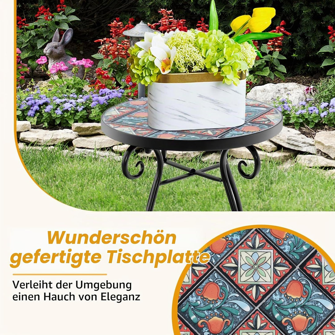 HOMASIS 30x30x50cm Gartentisch Beistelltisch mit Mosaik-Muster, Pflanzenständer mit runder Tischplat