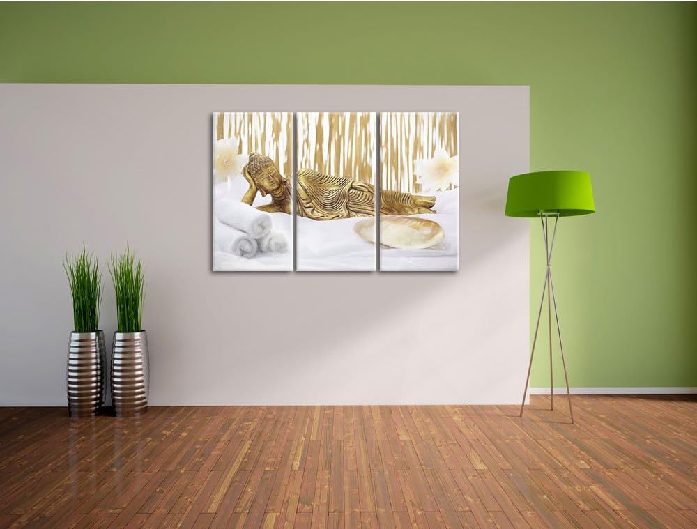 Pixxprint Goldener Buddha auf Handtuch als Leinwandbild/Grösse: 3 Teilig (120x80 cm) cm/Wandbild/Kun