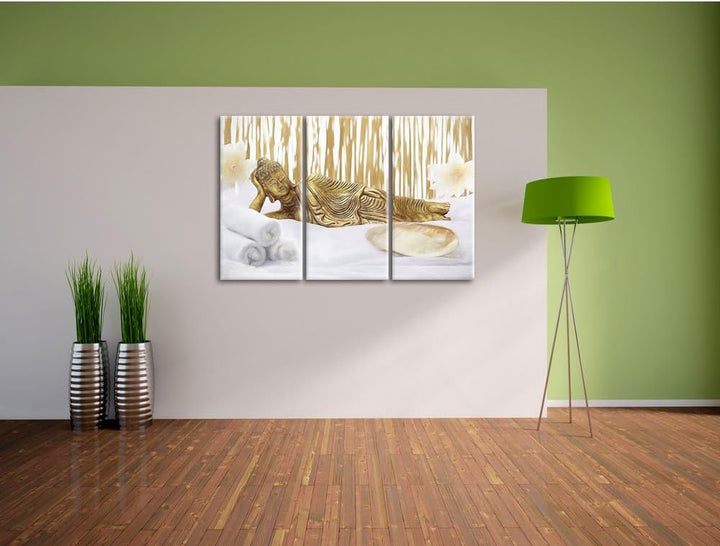 Pixxprint Goldener Buddha auf Handtuch als Leinwandbild/Grösse: 3 Teilig (120x80 cm) cm/Wandbild/Kun