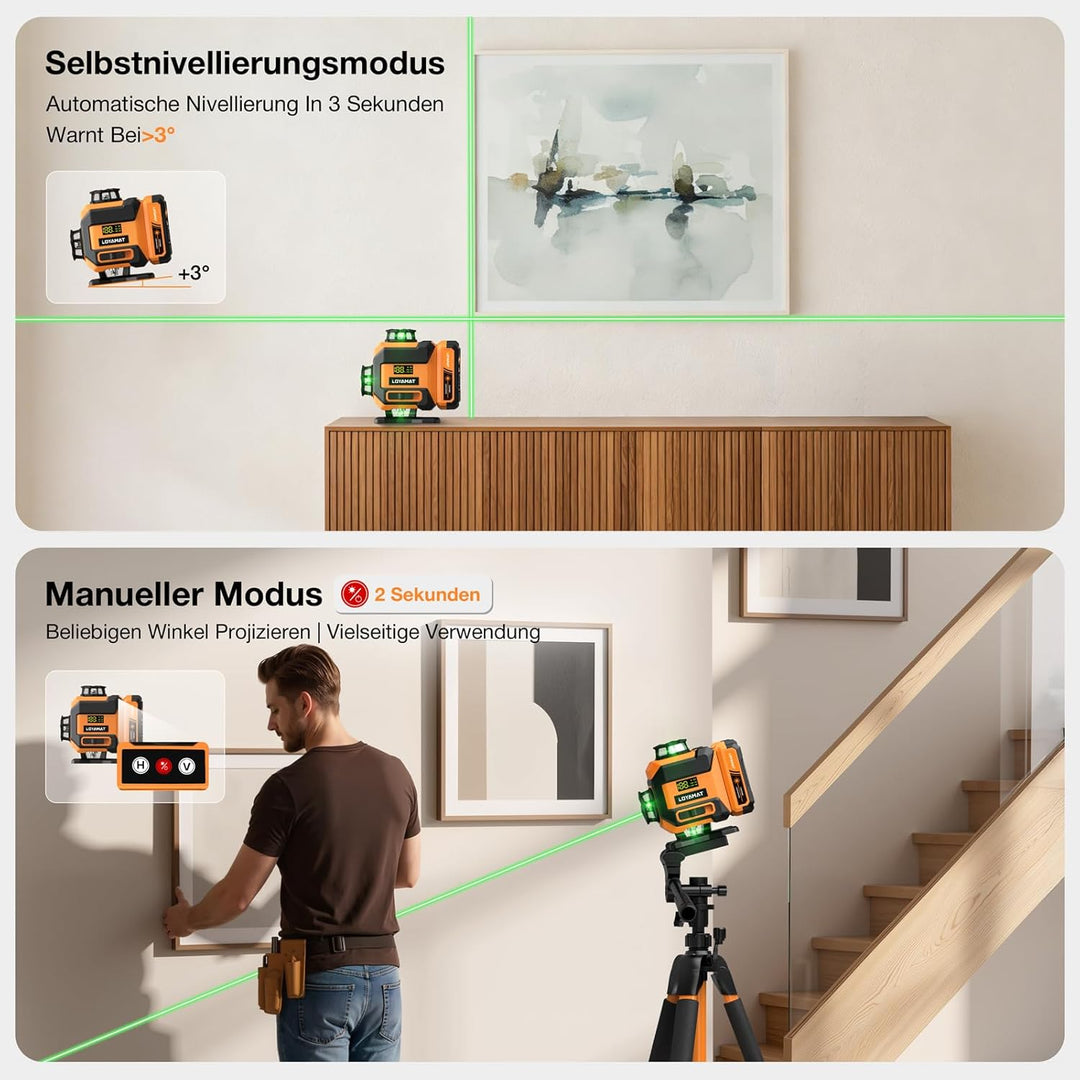 16-Linien grüner Kreuzlinienlaser, Laser-Wasserwaage mit Stativ – 4×360° selbstnivellierender Laser