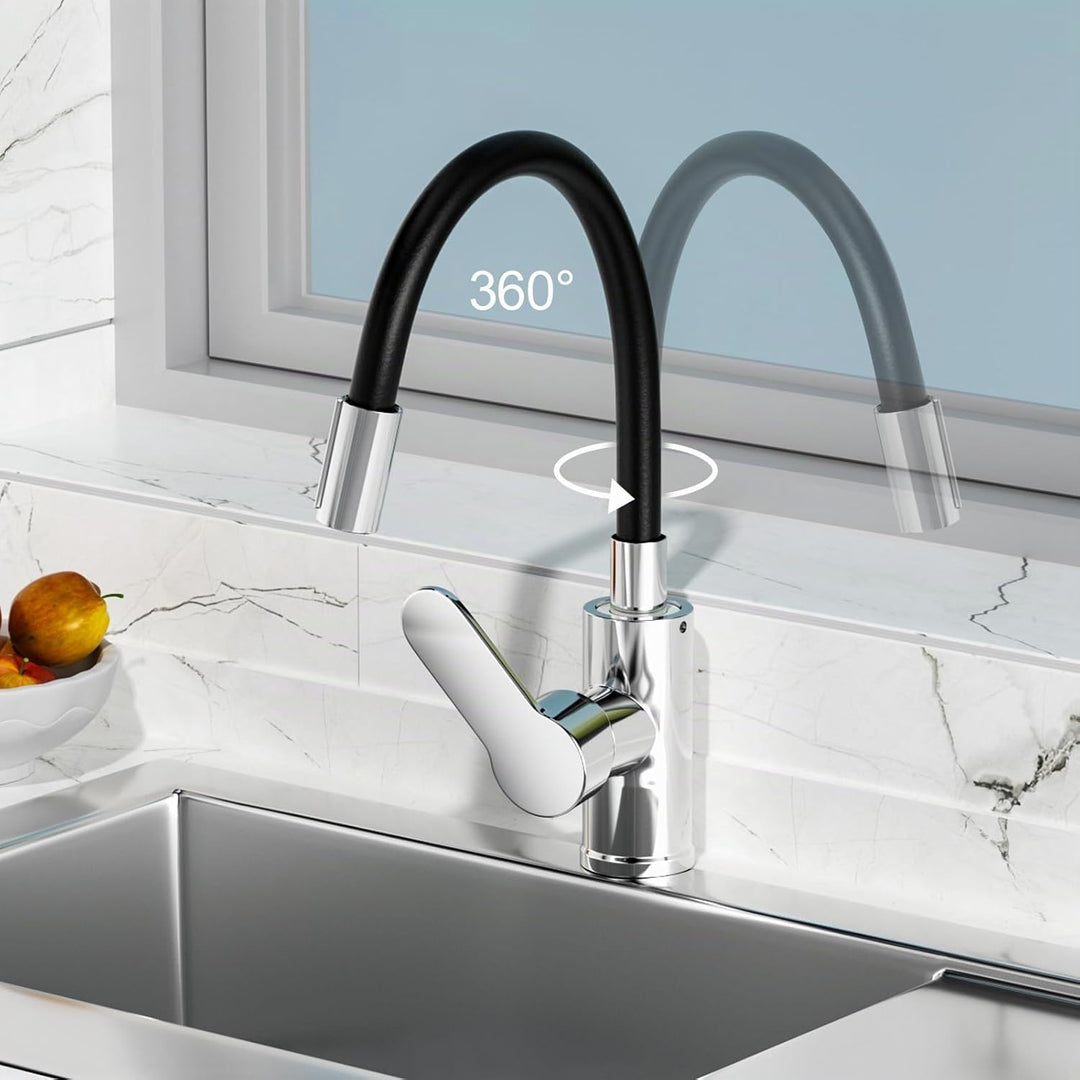 Wasserhahn Küche mit Flexibler Auslauf, Wasserhahn Küche Schwarz, Spültischarmatur 360° Drehbar, Küc