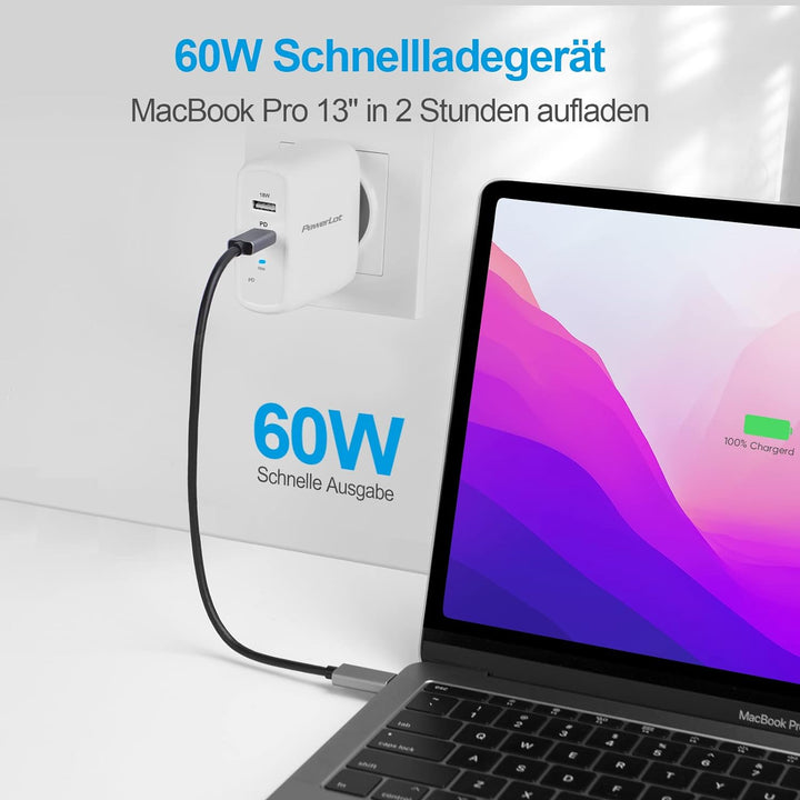 PowerLot 60W USB C Ladegerät mit GaN Tech PD 3.0 Netzteil, Schnellladegerät Kompatibel mit MacBook P