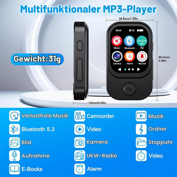 Gueray 64GB Mini MP3 Player mit Kamera, Bluetooth 5.3 Musikplayer mit Lautsprecher Touchscreen FM-Ra