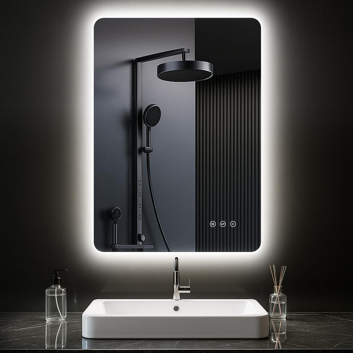 Badezimmerspiegel mit Beleuchtung 50 x 70cm, LED Spiegel Bad mit Antibeschlag, 3 Lichtfarben, Dimmba