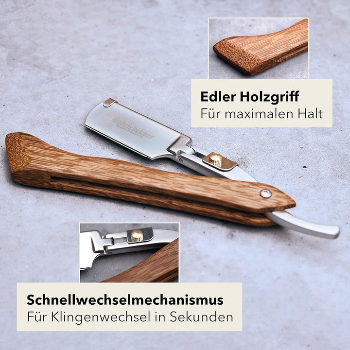 Störtebekker® Rasiermesser mit Holzgriff im handgefertigten Lederetui inkl. Alaunstift - inkl. Rasur