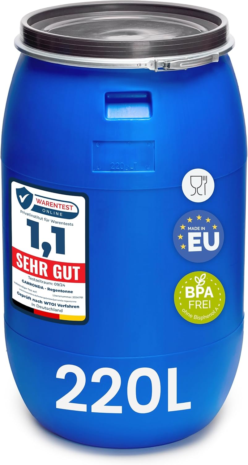 Garronda 220 Liter Regentonne mit Deckel Weithalsfass aus HDPE Regenfass für Garten Fass 220l Regenw