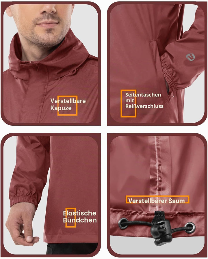 Outdoor Ventures Herren Regenjacke Wasserdichter Pullover mit Kapuze Packbare Reflektierende Jacke L