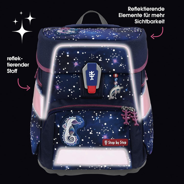 Step by Step Schulranzen-Set SPACE REFLECT „Star Seahorse Zoe“ 5-teilig, ergonomischer Tornister, Re