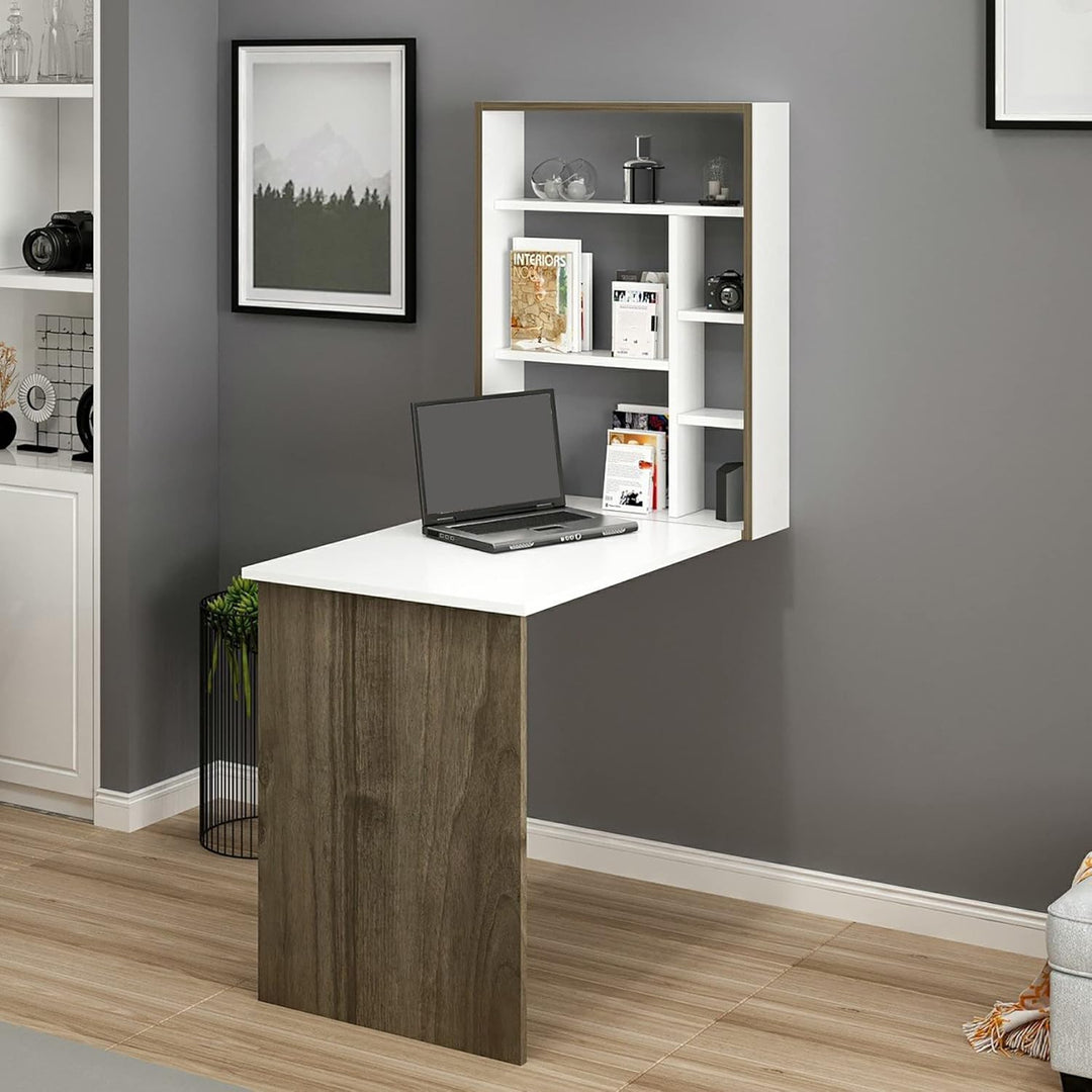 [en.casa] Schreibtisch Greve Wandklapptisch Weiss Walnuss-Optik Bürotisch Arbeitszimmer Wandtisch kl