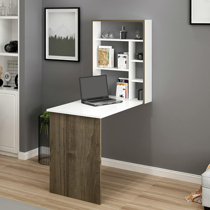 [en.casa] Schreibtisch Greve Wandklapptisch Weiss Walnuss-Optik Bürotisch Arbeitszimmer Wandtisch kl