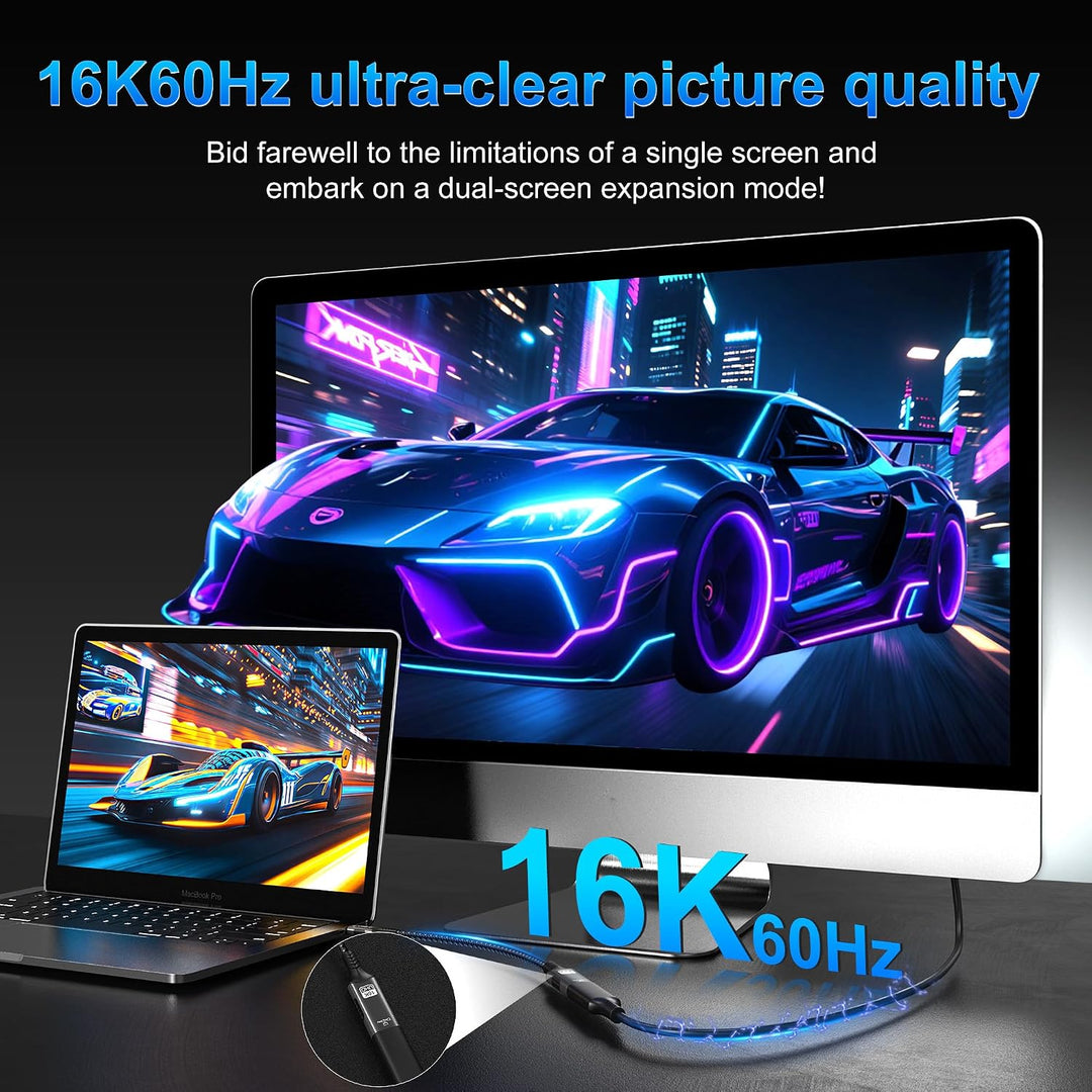 USB C auf DisplayPort 2.1 Adapterkabel, 16K @ 60Hz, 8K @ 120Hz, 48-Bit Farbtiefe 80 Gbit/s, Thunderb
