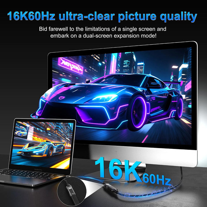 USB C auf DisplayPort 2.1 Adapterkabel, 16K @ 60Hz, 8K @ 120Hz, 48-Bit Farbtiefe 80 Gbit/s, Thunderb