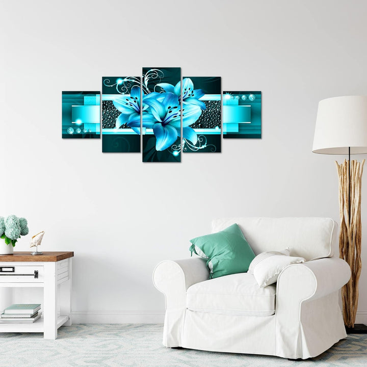 Runa Art Wandbilder Blumen Lilien 5 Teilig Bild auf Vlies Leinwand Deko Wohnzimmer Abstrakt Türkis 0