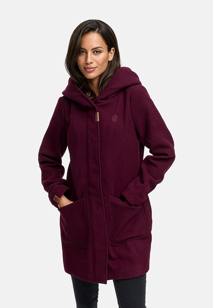 MARIKOO Damen Mantel in Wollmantel-Optik Warmer Trenchcoat mit Kapuze Maikoo XS-5XL L Wine, L Wine
