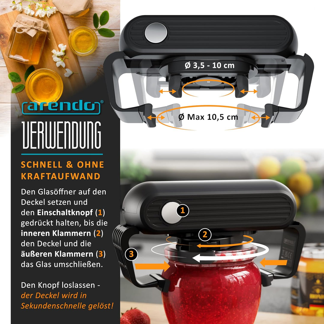 Arendo Automatischer Glasöffner, Elektrischer Deckelöffner für versiegelte Gläser (3,5–10 cm), Jar O