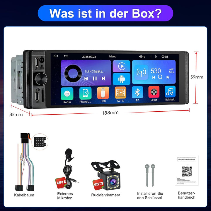 1Din Car Radio with Wireless Carplay &amp; Android Auto, Bluetooth Autoradio 1Din mit 6,28 Zoll HD IPS B