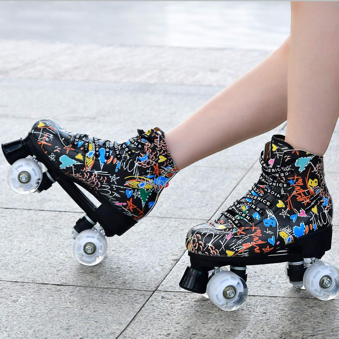 Damen Klassische Retro Rollschuhe,Rollschuhe mit Vier Rollen in Doppelreihe,Classic Roller, Rollschu