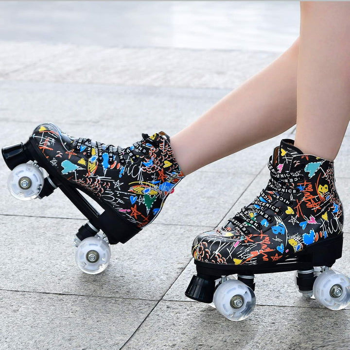 Damen Klassische Retro Rollschuhe,Rollschuhe mit Vier Rollen in Doppelreihe,Classic Roller, Rollschu