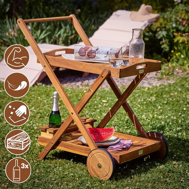 Casaria Servierwagen mit Rollen FSC®- zertifiziertes Akazien Holz 2 Ebenen Tablett Flaschenhalter Kü