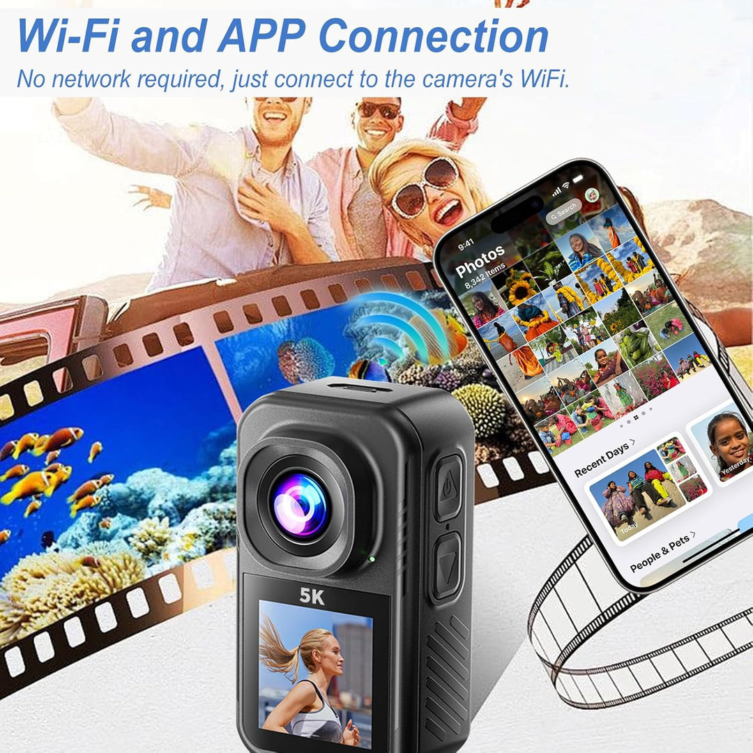 Action Cam 5K,Mini Sportkamera WiFi mit 64G Speicherkarte,Wasserdichter Körperkamera Mit Doppelseiti
