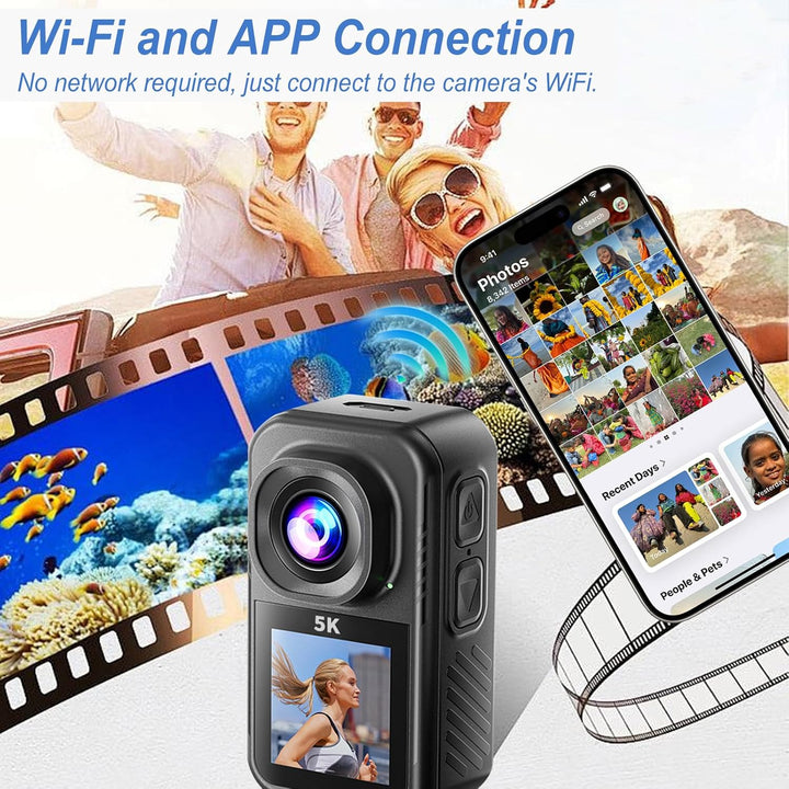 Action Cam 5K,Mini Sportkamera WiFi mit 64G Speicherkarte,Wasserdichter Körperkamera Mit Doppelseiti