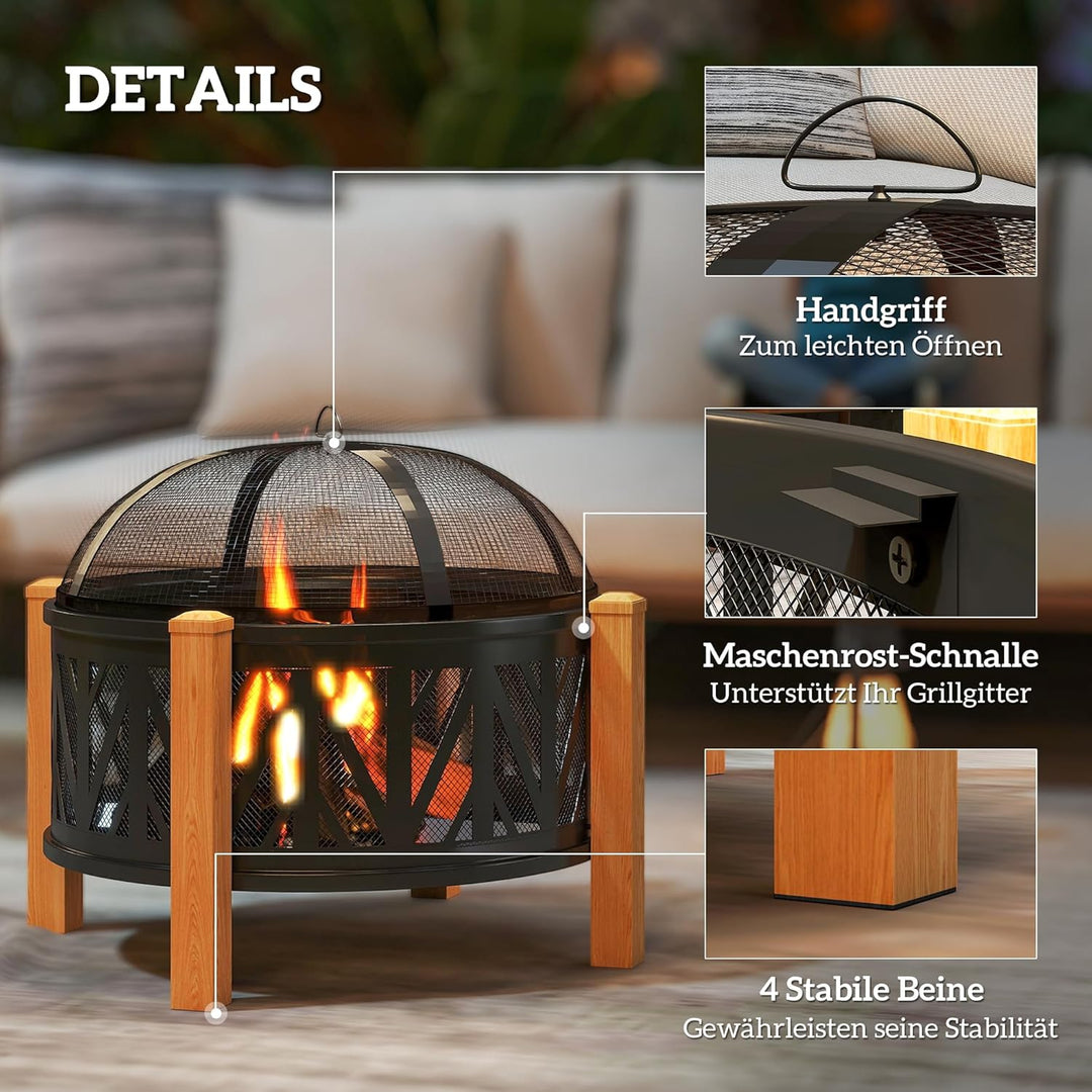 Outsunny 2-in-1 Feuerschale mit Grillrost Ø75 x 58 cm Feuerstelle mit Funkenschutz Schürhaken Feuers