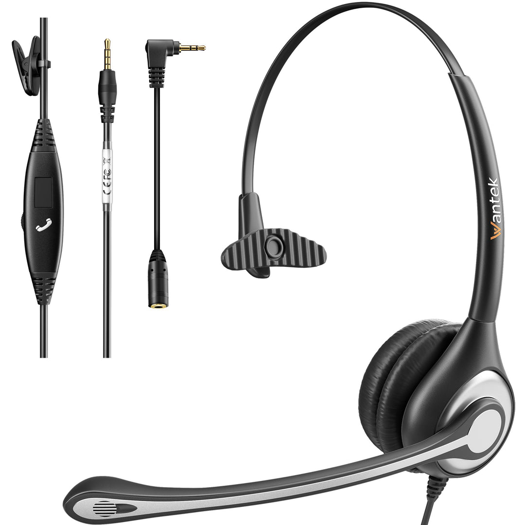 Wantek Mono-Headset mit Mikrofon für Laptop, PC-EIN-Ohr-Kopfhörer 3,5mm Klinke &amp; 2,5mm Adapter,Geräu