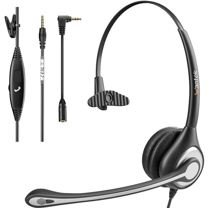 Wantek Mono-Headset mit Mikrofon für Laptop, PC-EIN-Ohr-Kopfhörer 3,5mm Klinke &amp; 2,5mm Adapter,Geräu