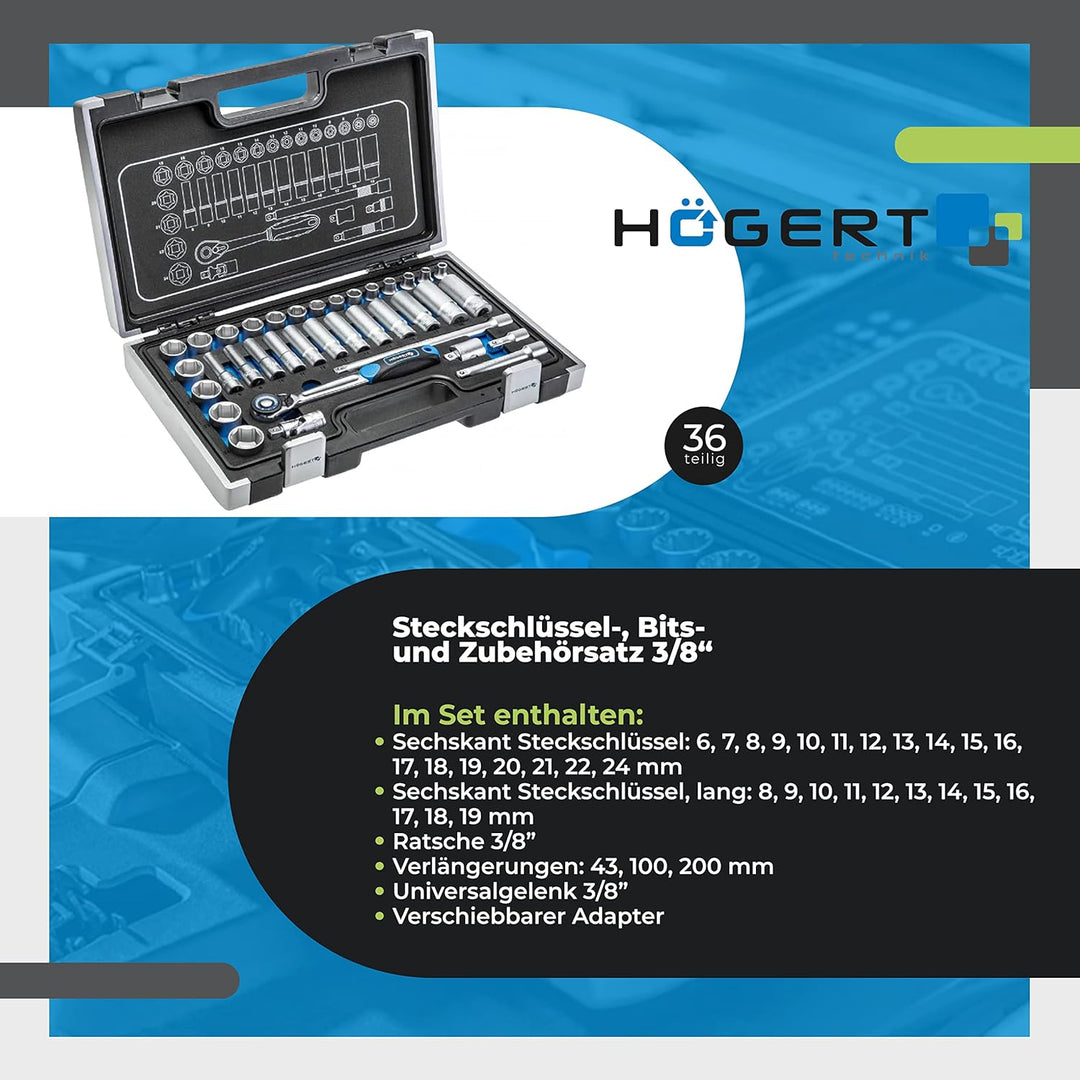 Högert HT1R465 Werkzeugsatz, schwarz/Blau, 3/8” 36 teilig, 36 teilig
