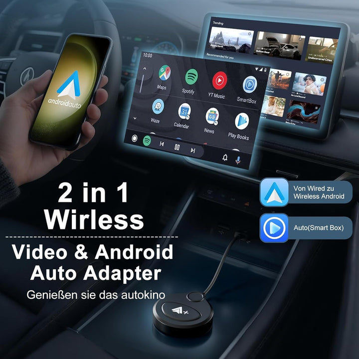 Android Auto Wireless Adapter mit YouTube, Tiktok für Autos, Superschnelle Upgrade von Wired auf Wir