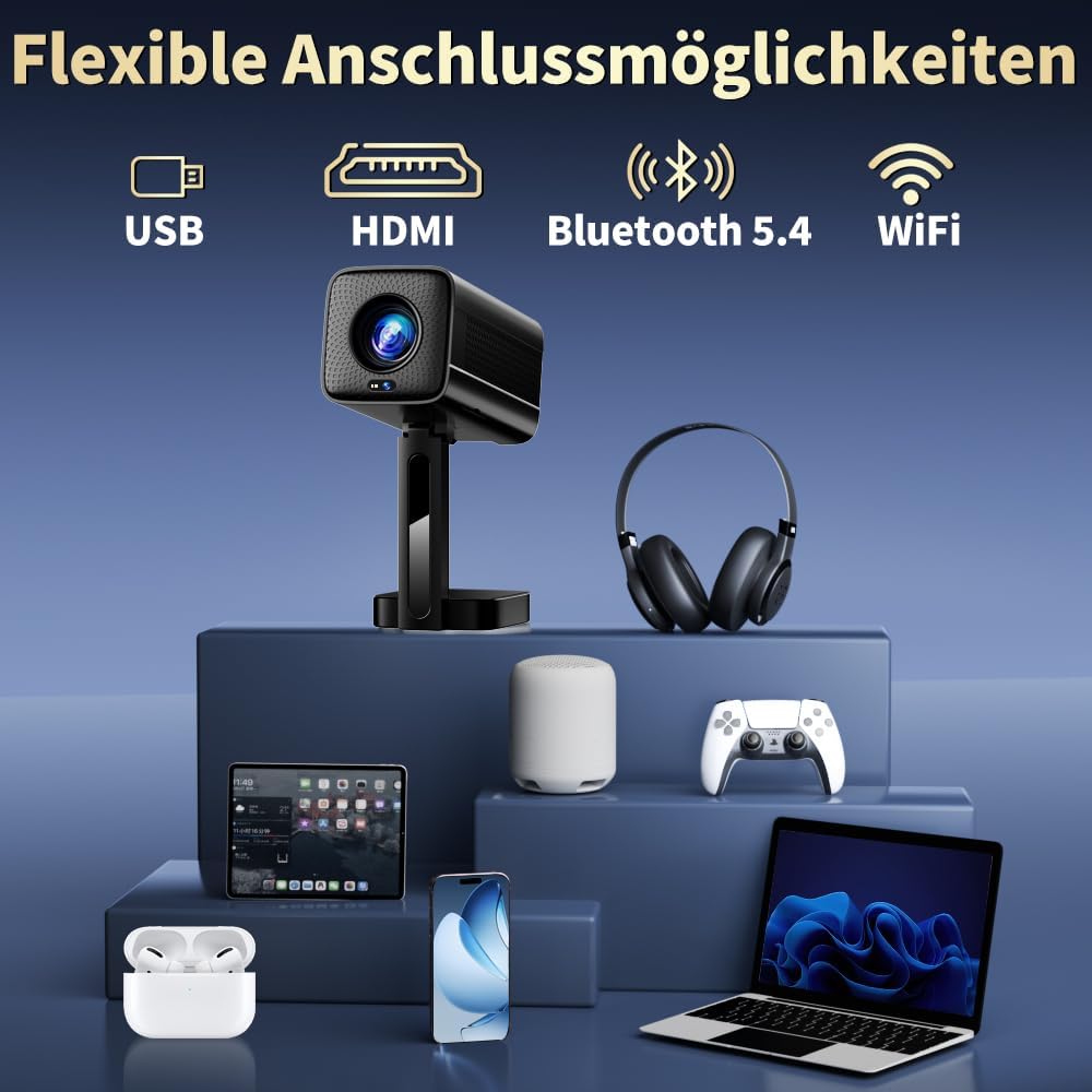 Mini Beamer Unterstützt 4K Full HD 1080P, Smart Beamer mit Auto Fokus & Keystone und 90° Drehbarkeit