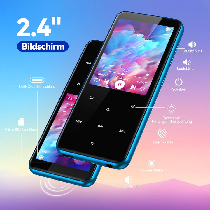 AGPTEK 64GB MP3 Player Bluetooth 5.3 mit 2,4" TFT Farbbildschirm, HiFi Musik Kinder MP3 Player mit L
