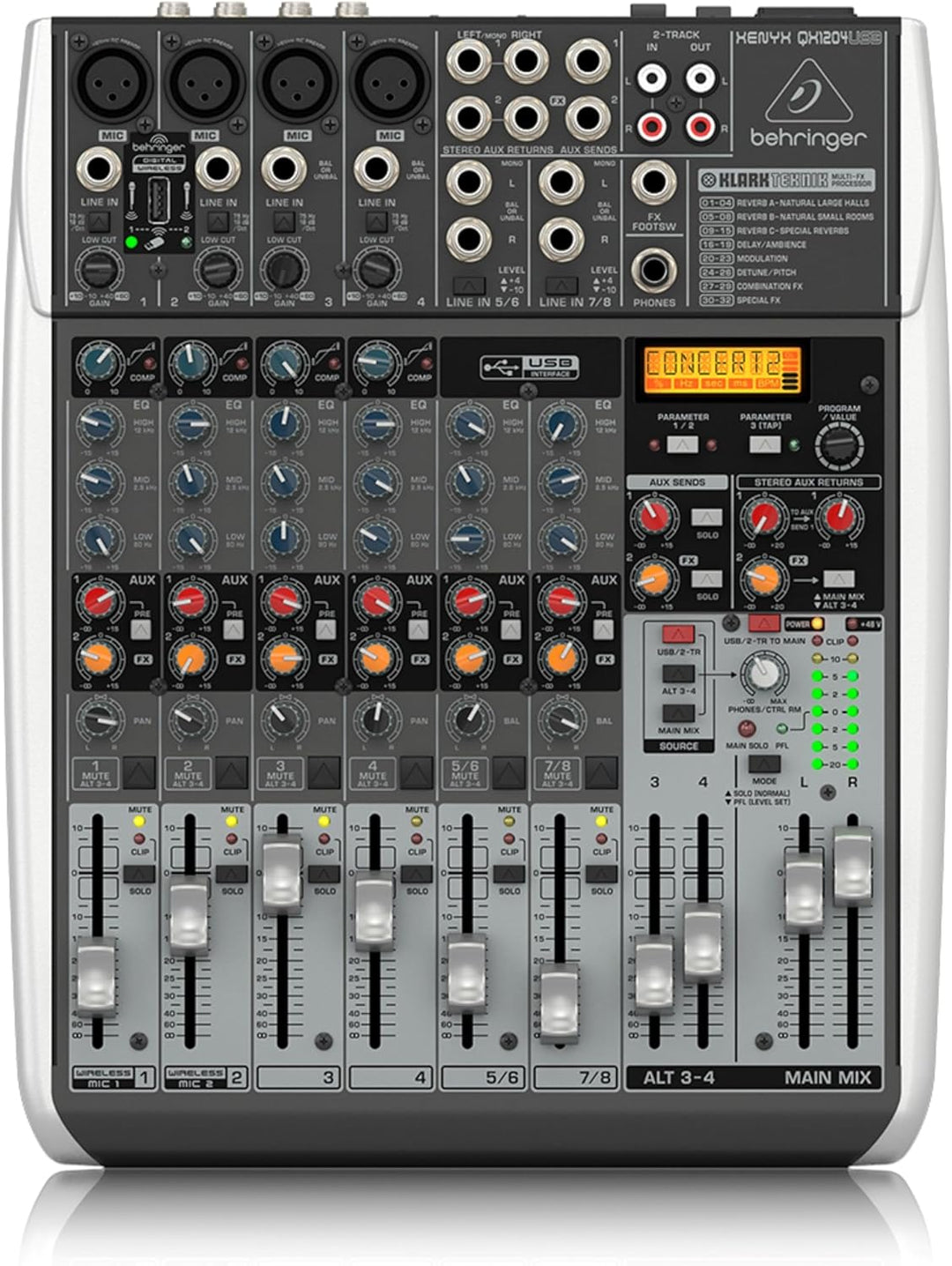 Behringer XENYX QX1204USB Premium 2/2-Bus-Mixer mit 12 Eingängen, XENYX-Mikrofonvorverstärkern und -