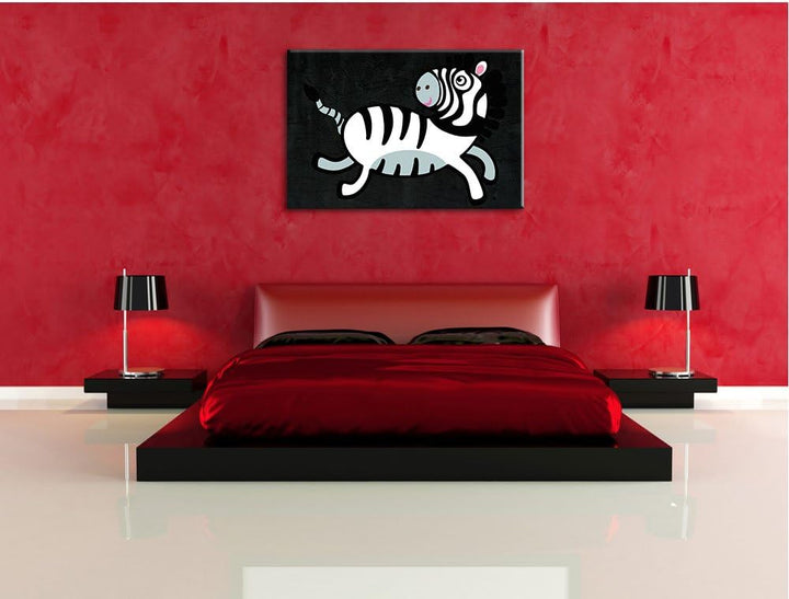 Niedliches Zebra schwarz, Format: 100x70 auf Leinwand, XXL riesige Bilder fertig gerahmt mit Keilrah
