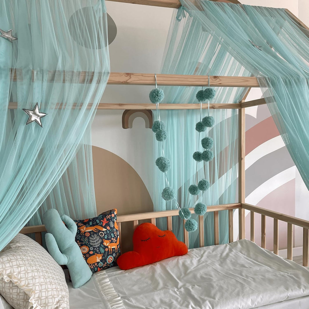 Baby Fancyroom Hausbett Himmel mintgrün Betthimmel Deko Set Kinderzimmer Kinderbett Baldachin Pompon