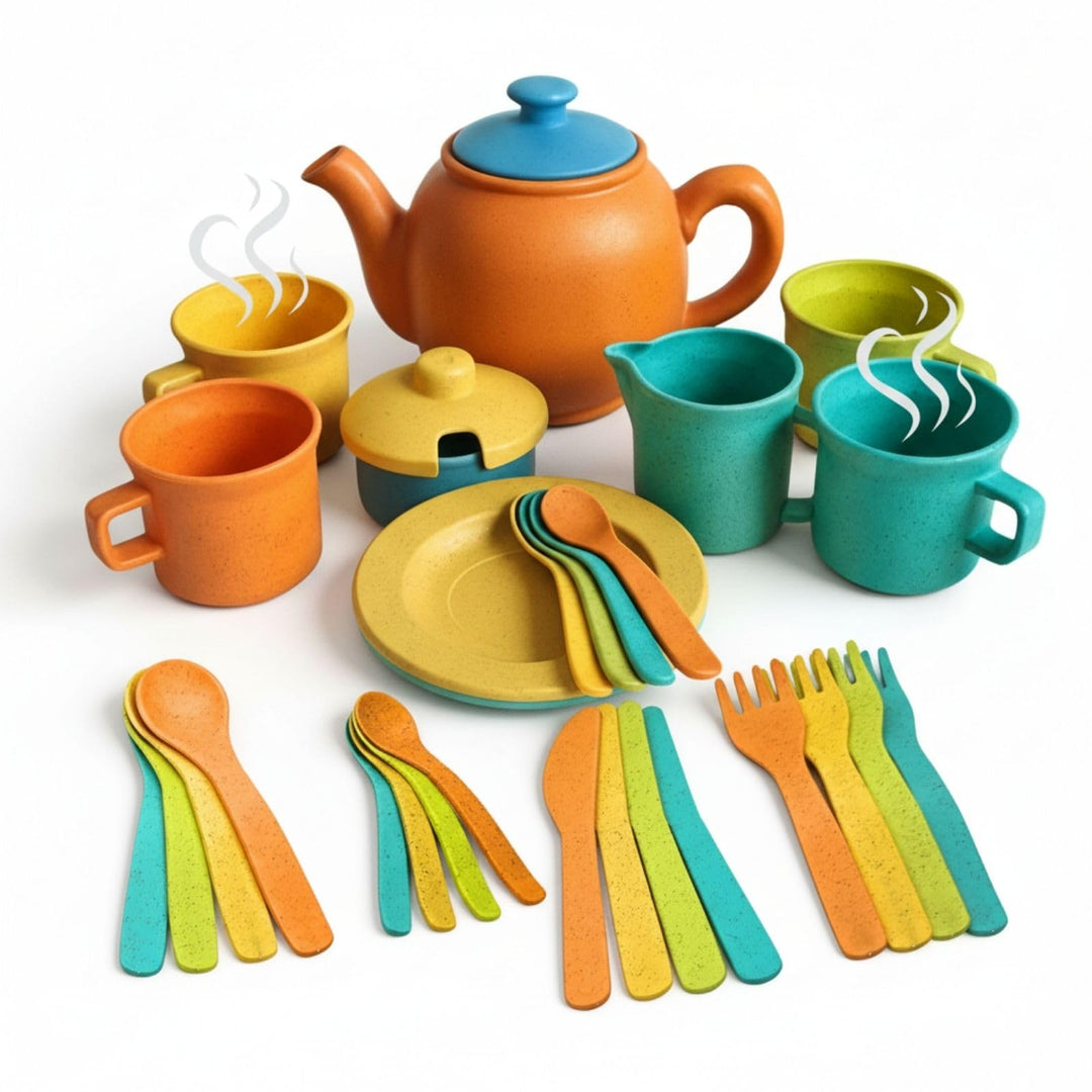 alldoro 68723 Kinderküchen Teeservice mit Besteck, 32 tlg. Set aus nachhaltigem Kunststoff-Weizenstr