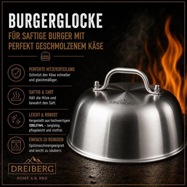 DREIBERG® Burgerglocke 2er Set – Edelstahl Schmelzglocke für Cheeseburger. Schmelz- und Abdeckhaube