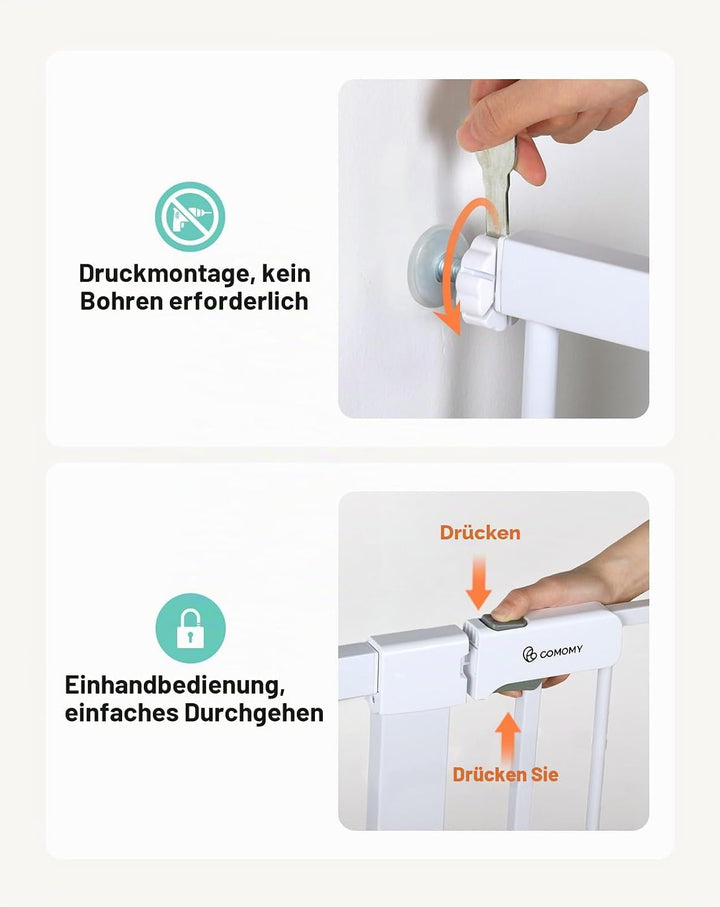 COMOMY 107 cm Extra Hoch Türschutzgitter, 75-103 cm Breit Treppenschutzgitter ohne Bohren, Türgitter