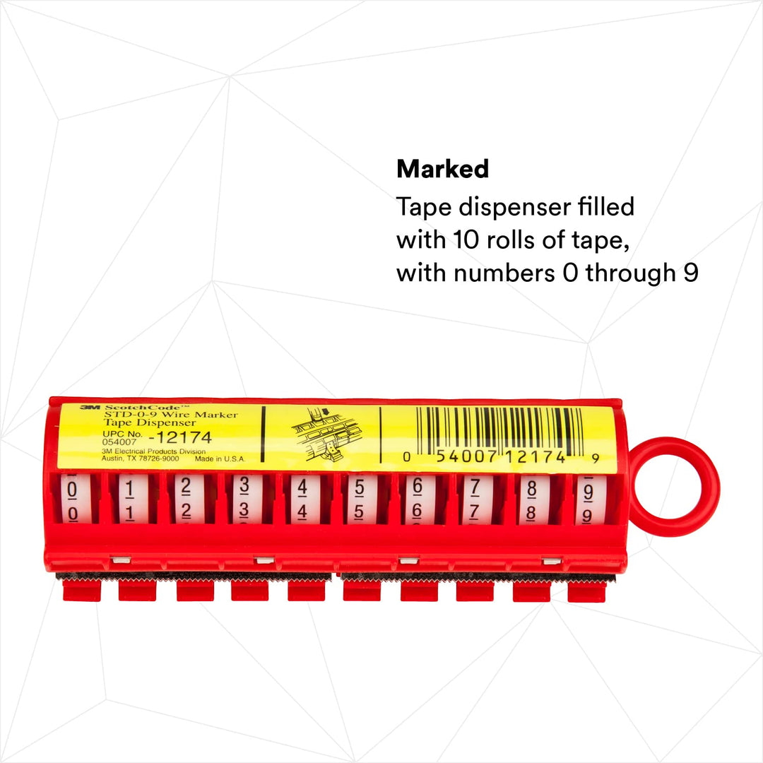 3M ScotchCode STD-0-9 Drahtmarkierungsbandabroller mit Klebeband, inklusive je 1 Rolle von 0-9 numme