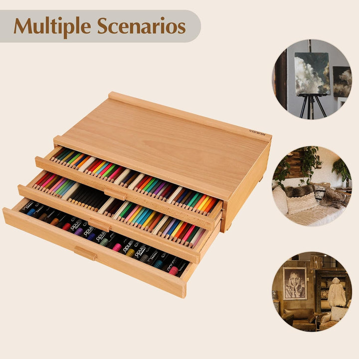VISWIN 3-Schublade Holz Artist Supply Storage Box mit abnehmbaren Trennwänden, Premium Buche Holz Ar
