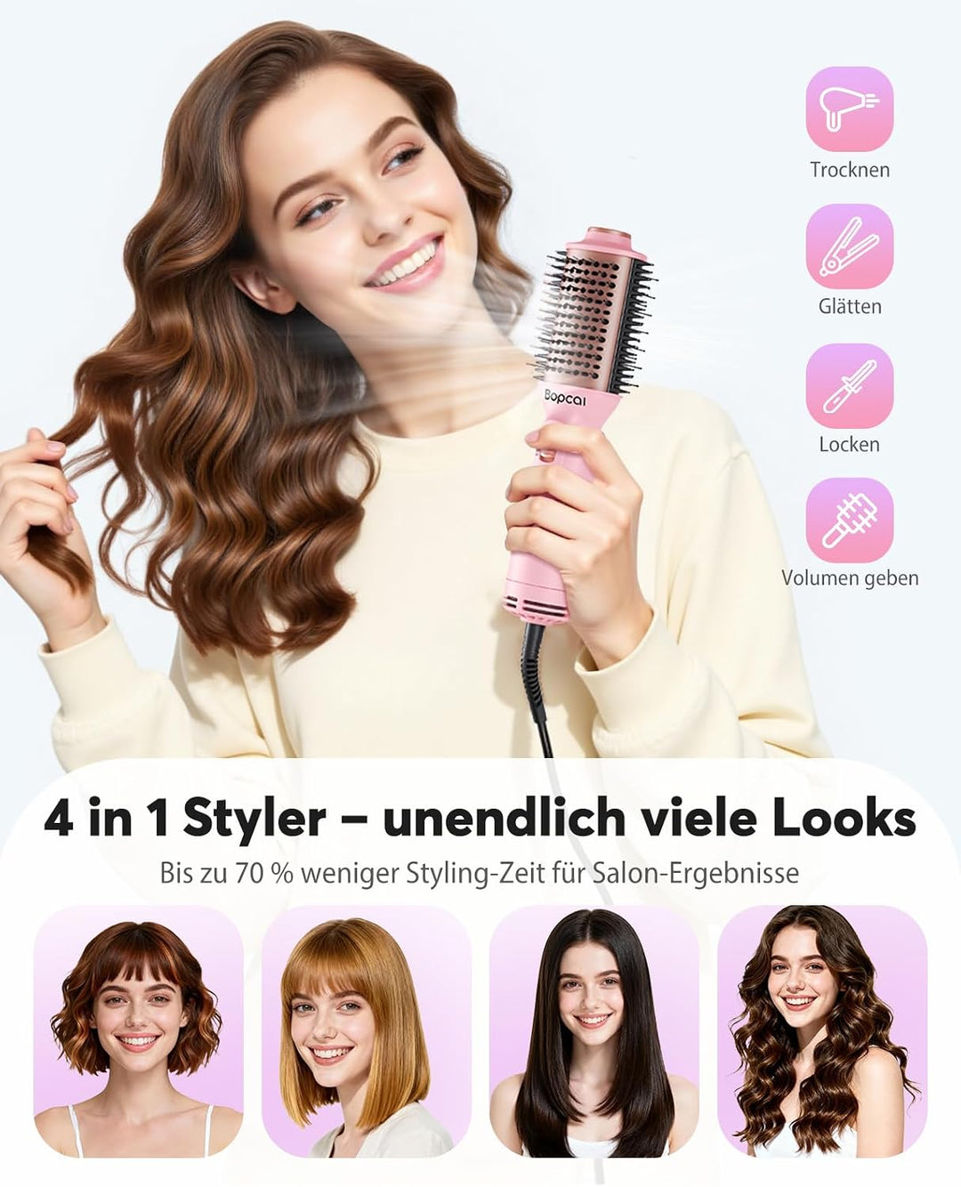 Bopcal Mini Warmluftbürste 4-in-1 Ionen Föhnbürste Heissluftbürste für Volumen &amp; Glatte Haare, Anti-