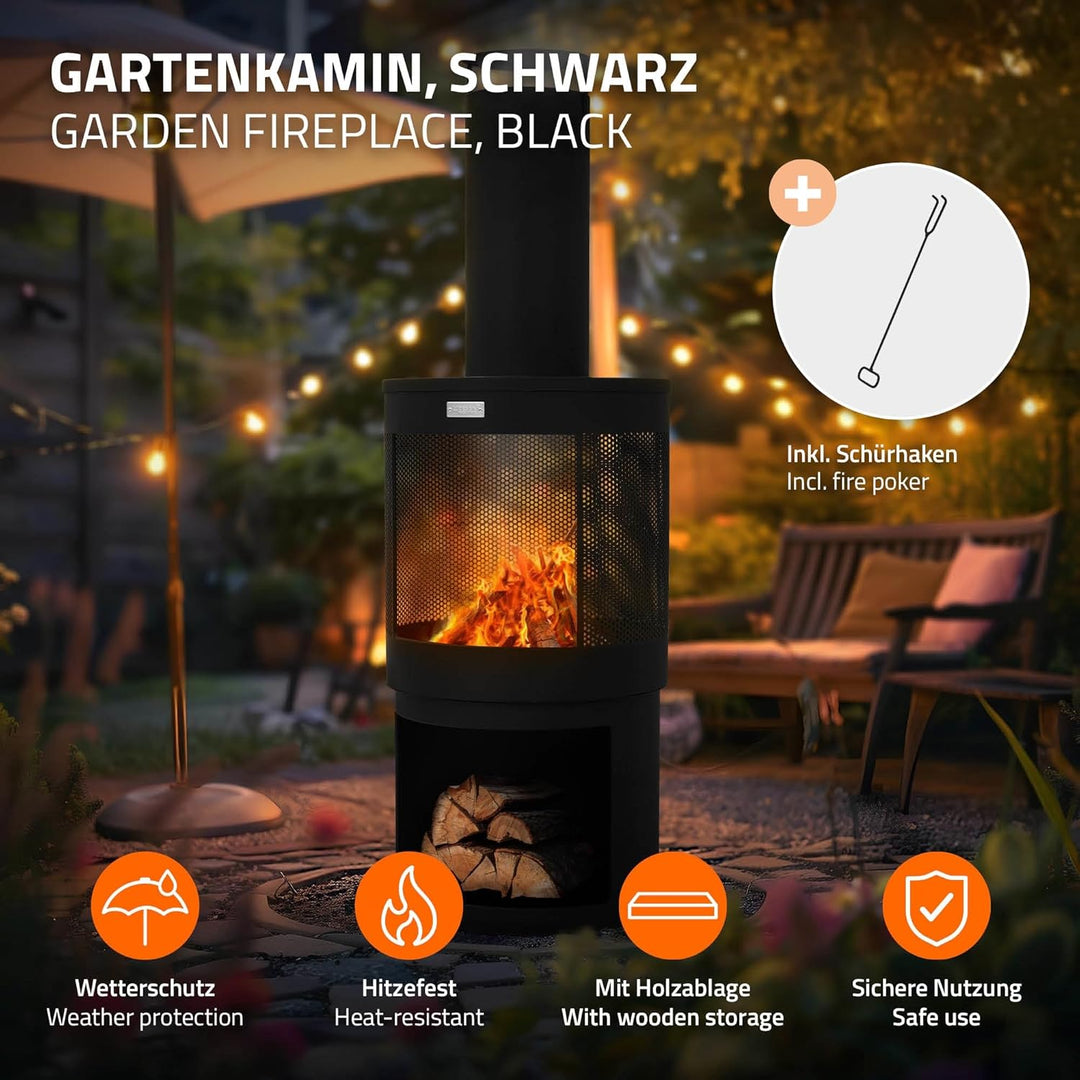 ML-Design Gartenkamin mit Schornstein, 131x45 cm rund, Stahl, Outdoor Gartenofen, Terrassenofen mit