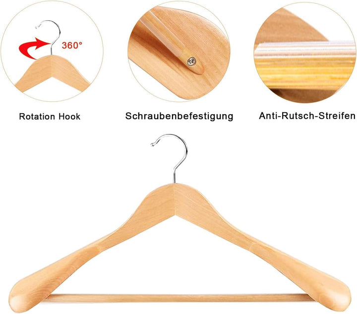 10 Stück Massivholz Kleiderbügel für Anzüge – Extra Breite Schultern, rutschfest, 360° Drehbarer Hak