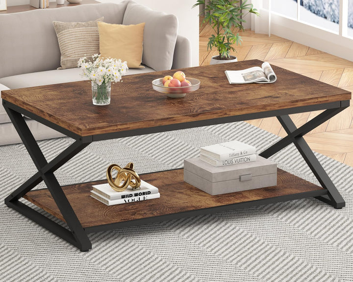 HSH Braun Couchtisch mit Ablage, industrieller Metall-Holz-Wohnzimmertisch, Bauernhaus, minimalistis