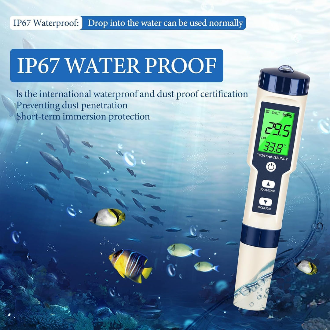 5 in 1 pH Messgerät Wasserqualität Tester – PH EC TDS Salzgehalt Temperatur Messgerät mit ATC, LCD H