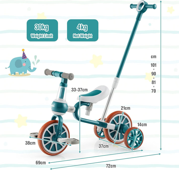 SOARS 4 in 1 Laufrad, Kinder Dreirad mit 4-stufig verstellbarem Schiebegriff, 2-stufigem Sattel, abn