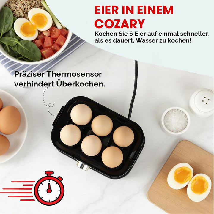 Cozary Eierkocher Edelstahl, Eierkocher 6 Eier, 400 Watt, punktgenaues Zubereiten dank Härtegradeins