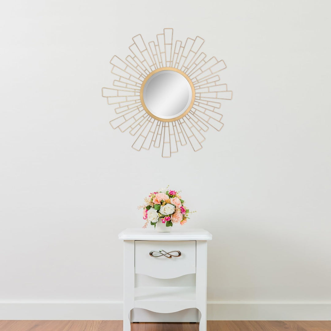 Stonebriar Round Decorative 23.6" Geometric Metal Sunburst Hanging Mirror for Wall, Antique Gold, An