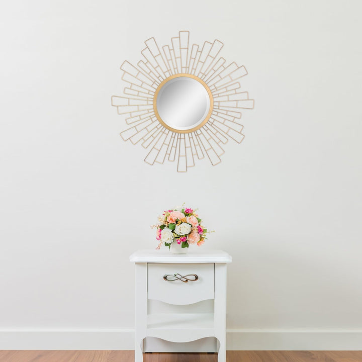 Stonebriar Round Decorative 23.6" Geometric Metal Sunburst Hanging Mirror for Wall, Antique Gold, An